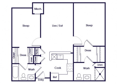 Two bedroom two bathroom floor plan image at Victoria Park Apartments